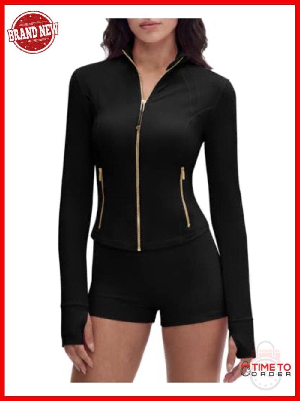 Golden Full Zip Cropped Workout Jacket Athletic Yoga Top Thumbholes
